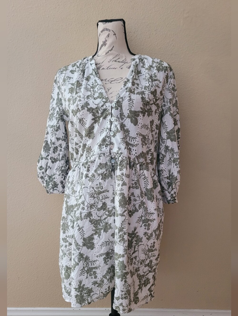 Zara White Mini Dress with Olive Green Floral Print No belt